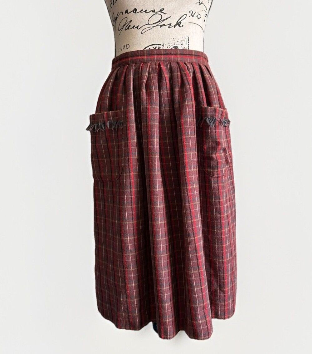 VTG 70s 80s Plaid Wool Skirt Lined With Fringe Pockets